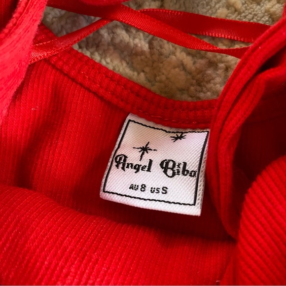 Angel Biba Ribbed Body Suit Tie Shoulder Straps Sleeveless Bright Red: Small - Picture 5 of 10